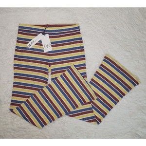 NWT Zara Sz L Ribbed Striped Stretch Flare Comfy Lounge Pants Textured Colorful